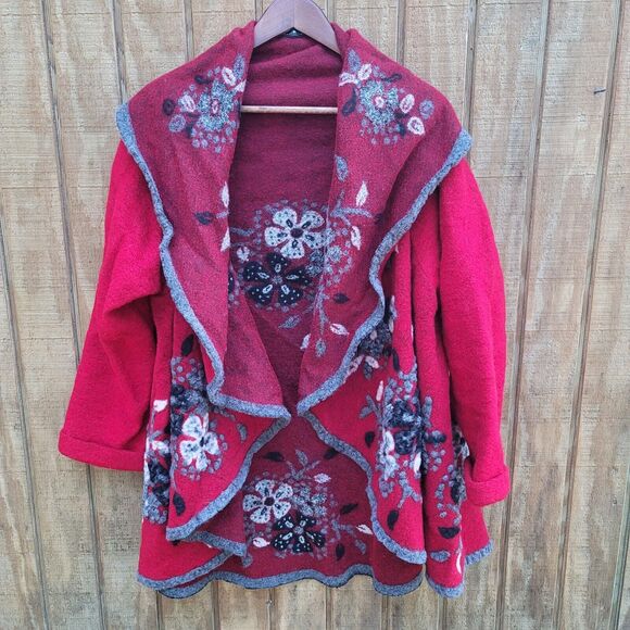 Made In Italy Flower Embroidered Wool Blend Red Open Front Cardigan No Size Tag - Picture 1 of 8